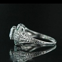 Art Deco Round Lab Created Diamond & Emerald Wedding 14K White Gold Finish Ring