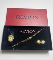 Vintage Revlon Watch Bracelet & Earrings Jewelry Set In Box