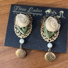 Vintage Three Ladies Rose clip earrings with dangle lockets