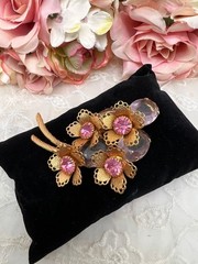 Vintage Pin Lavender Pink Crystals Gold Plated Flower Pin Bouquet of Flowers 3″