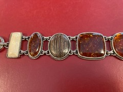 Vintage Amber, Ivory, Brown Cabochon Bracelet Sterling Silver