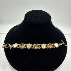 Vintage Cookie Lee Signed Dual Tone Amber Rhinestones Toggle Bracelet up to 7.5″
