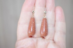 Handmade 14K Carved Large Sunstone Tear Drop Lever back Earrings