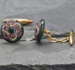 0.60 ctw Rose Cut Diamond & 0.70 ctw Rubies in 14k Yellow Gold Onyx Cufflinks