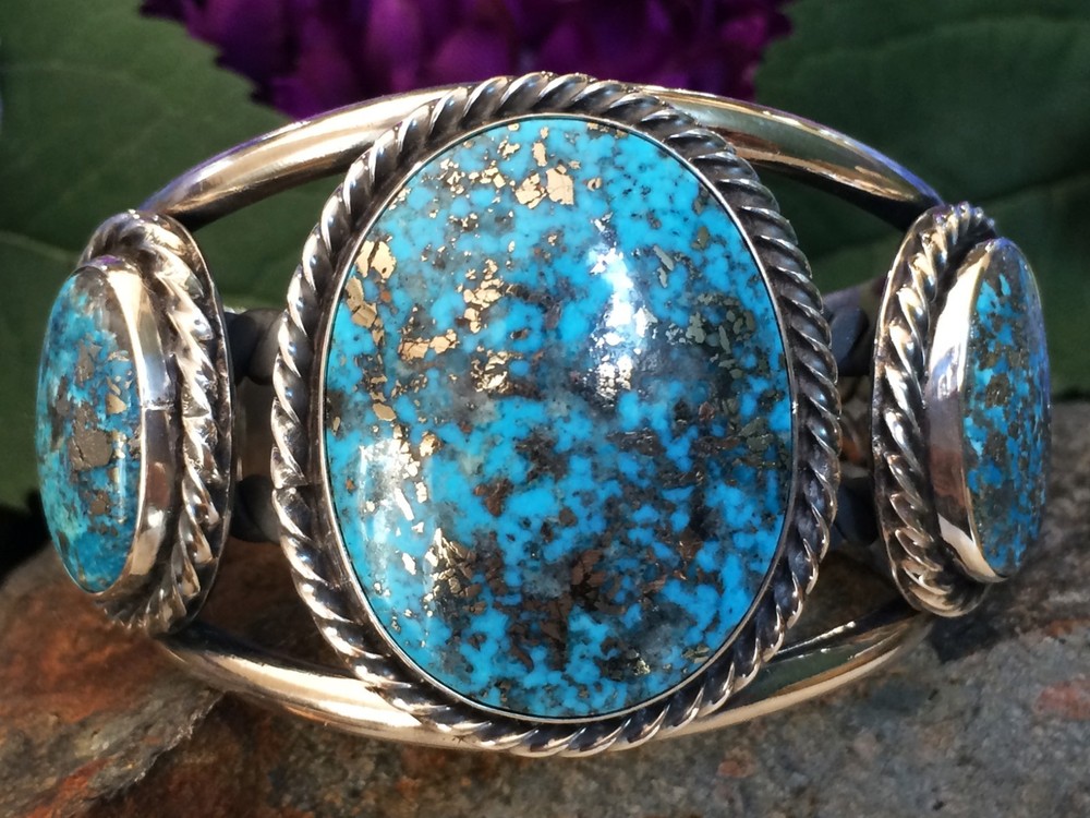 90 GRAM TURQUOISE W/ PYRITE STERLING SILVER SOUTHWESTERN NAVAJO STYLE BRACELET