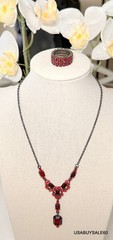 VINTAGE SIGNED VCLM RED RHINESTONE 16″ NECKLACE AND RING Beautiful Condition!