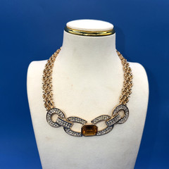 Vintage Gold‑Tone Pavé Link Necklace w/ Yellow Gemstone & Rhinestones