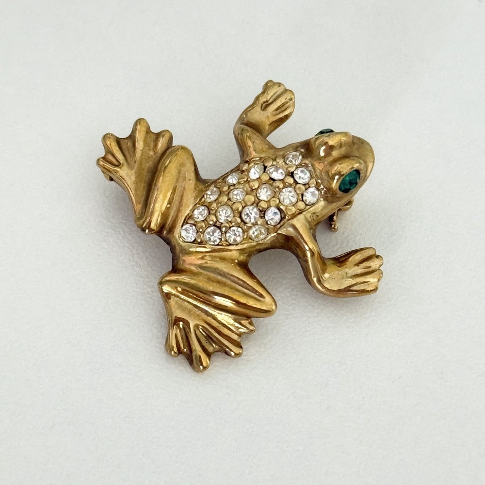 Vintage Clear Rhinestone Green Eyed Frog Gold Tone Brooch Pin