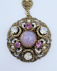 Vtg West Germany Filigree Pendant Necklace Pink Faux Opal Rhinestone Pearl