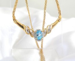 14K Gold on Sterling Silver 925 Natural Heated Blue Topaz Diamond Necklace 18″