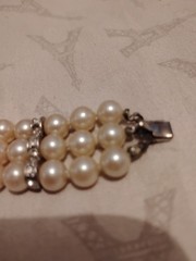 Vintage Three Strand Faux Pearl Bracelet Ornate Crystal Accented Box Clasp