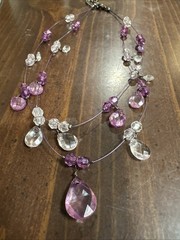 Triple Wire Bead Necklace Pink Purple Faceted Rhinestone Teardrop Dangles Retro