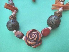 Vintage Lucite ROSE, AMBER STONE, Pink Cat’s Eye Beaded Necklace W/ Ribbon Tie