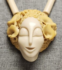 June Metaxides Art Nouveau Resin Figural Beauty Pendant Bead Necklace GF Chain