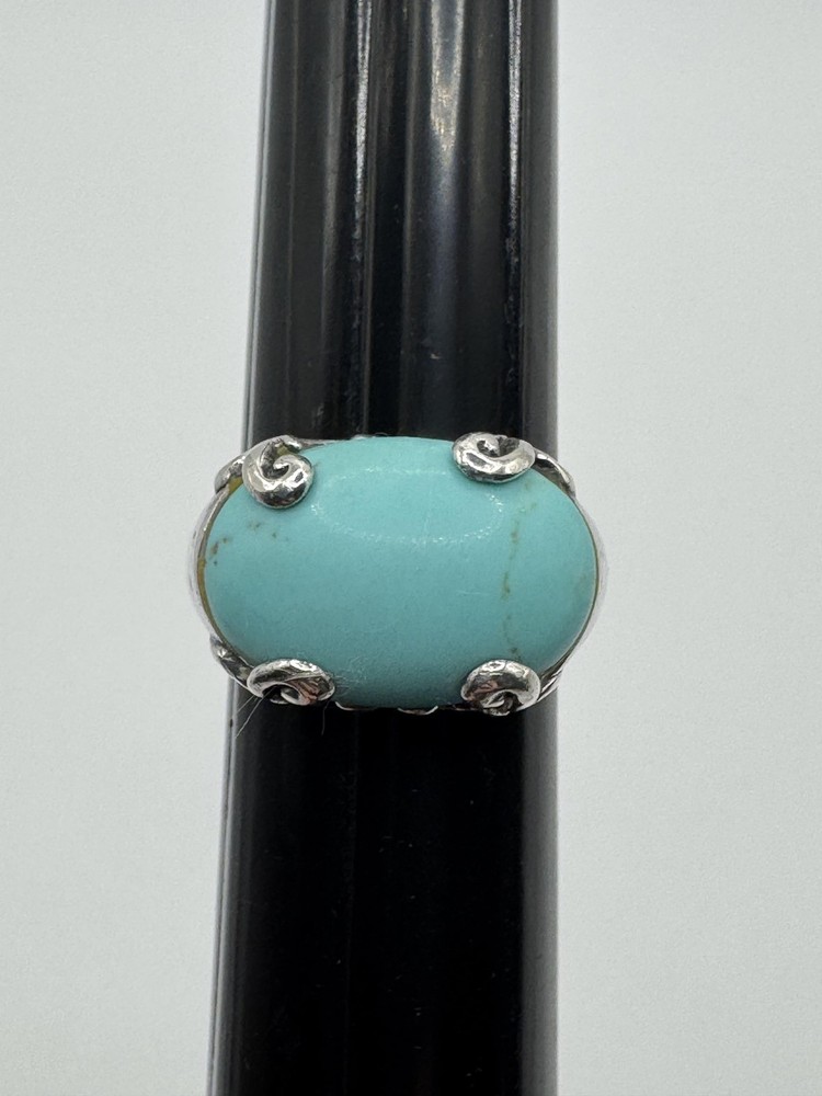 STERLING SILVER TURQUOISE CABOCHON RING SIZE 7.5 925 OVAL BOHO SWIRL