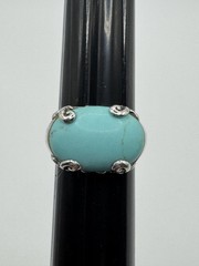 STERLING SILVER TURQUOISE CABOCHON RING SIZE 7.5 925 OVAL BOHO SWIRL