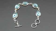 925 Sterling Mexico Oval Link Faceted Blue Glass Tennis Bracelet W/ Toggle Clasp
