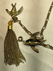 Vintage Swallow Gold-Tone Chatelaine For Sweater or Cloak 29in chain