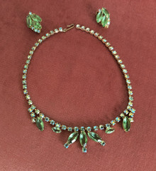 Beautiful Green Rhinestone Costume Necklace + Earrings-1940s- many Rhinestones!