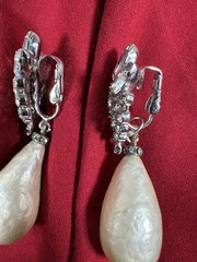 Elegant Large Vintage Rhinestone Inset Dangle Faux Pearl Drop Earrings