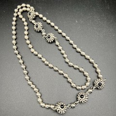 Vintage Long Silver Tone Necklace Black Floral Stations 35″ Southwest Statement