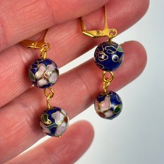 Vintage Cloisonne Drop Earrings Blue Floral Boho Cottagecore Whimsygoth Jewelry