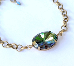 ​Vtg Czech Vitrail Rhinestone Adjustable Length Bracelet Antique Brass Chain