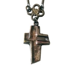 Vintage Japanned Cross Necklace 23″ Stylized Shape Coppery Colored Metal Estate