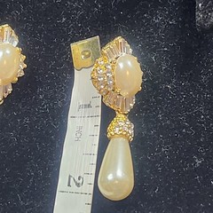 Vintage glass Pearl Rhinestone Drop Earring Gold Tone Baguette Crystal Statement