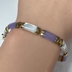 Vintage WJ 10k Yellow Gold Lavender Jade & Mother Of Pearl Asian Bracelet 7.5”
