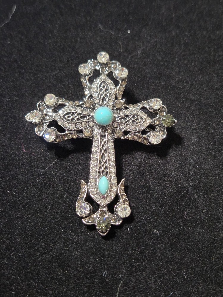 Ornate Silver Cross Brooch blue stone accent
