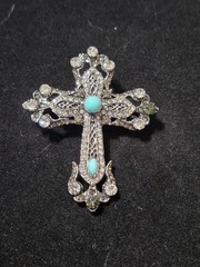 Ornate Silver Cross Brooch blue stone accent