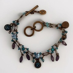 Vintage Cookie Lee Blue Rhinestone On Copper Charm Bracelet Adj. 7-7.75” Toggle