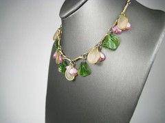 Vintage Gold Tone Fruit Salad Charm Necklace Plastic Charms 15in Boho Heart Leaf