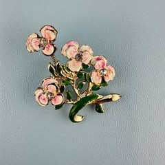 Vintage Enamel Rhinestone Trembler Flower Brooch Pin Pink Green Gold Tone Jiggle