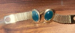 Cufflinks Gold Tone Green Stone Chain link Bullet Back Retro VTG