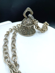 Vintage Art Pepper Necklace Bell Pendant Silver Tone Chunky Raised Detail Signed