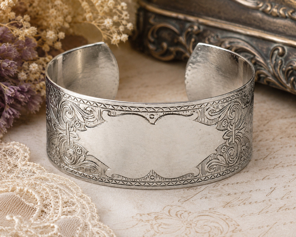 Vtg.Engraved Silver Tone Cuff Bracelet 6 in Floral Scroll Victorian Revival