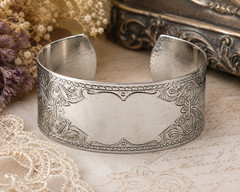 Vtg.Engraved Silver Tone Cuff Bracelet 6 in Floral Scroll Victorian Revival