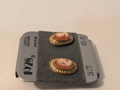 Vtg 1980s 1928 Steel Post Cameo Earrings, Peach, White, Antiqued Gold Tone Oval.