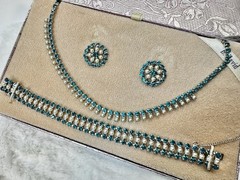 VTG B. David Faux-Emerald Rhinestone F Seed Pearl Necklace Earrings Bracelet SET