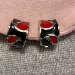 Vintage Estate Earrings Red Black Enamel Half Hoop Cuff Clip On Silver Tone 80s