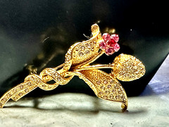 Vintage Pink & Clear Rhinestone Flower Stem Gold Toned Brooch/Pin, 3.” by 1.25″