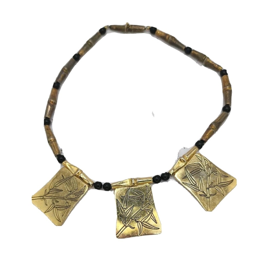 VTG Oriental Bamboo Brass Metal & Wood Beads Statement 14″ Necklace Signed H.LI