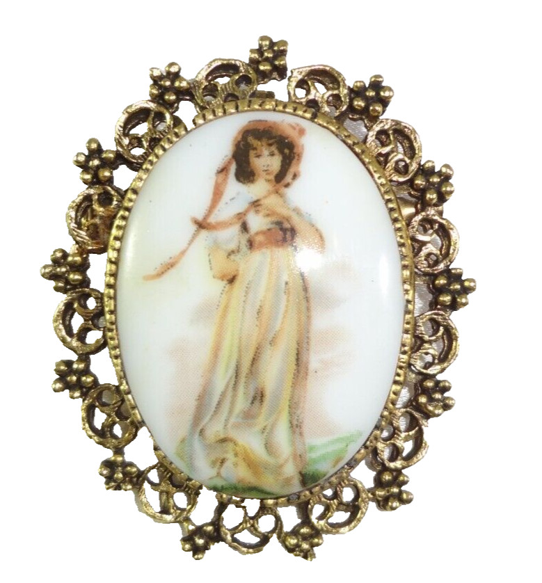 Vtg Porcelain Oval Picture Young Maiden Golden Toned Metal Brooch Pin Pendant!