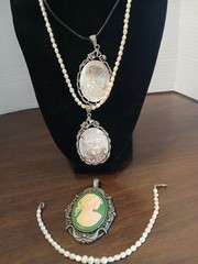 Lot of 4 Cameo Pendants Carved Shell Silver Tone With Pearl Necklace & Bracelet