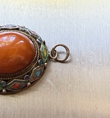 Vintage Chinese Export Enamel Filigree Pendant w/ Rich Orange Butterscotch Amber