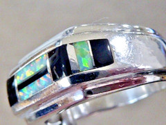 VINTAGE STERLING SILBER ONYX OPAL BAND RING SIZE 8.5 MAN MADE OPAL RING