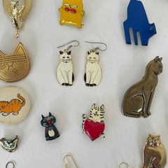 Vtg WHIMSICAL CAT Brooch Lot 50s 70s 80s Jewelry Artisan Burch Pinback Earrings