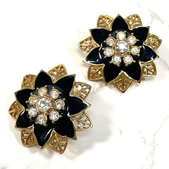 Vintage Oscar de la Renta Signed O Logo Gold Black Enamel Flower Post Earrings